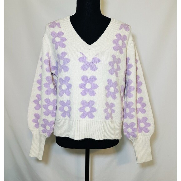 Petal + Pup Remi V-neck Lilac Oversized Flower Floral Retro 70's Sweater S/M - Picture 1 of 10
